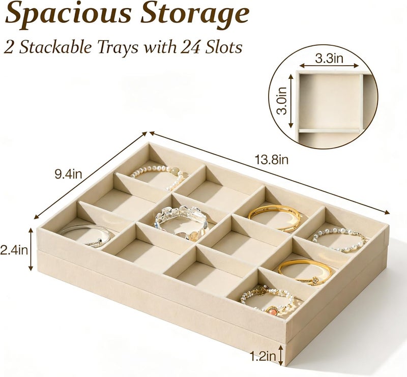 pickpiff Drawer Jewelry Organizer & Display Trays: 2pcs 12grid Velvet Stackable Jewelry Case (13.8x9.4x1.2inch) - Soft Beige Necklace Holder Bracelet Display Watch Box - Image 2